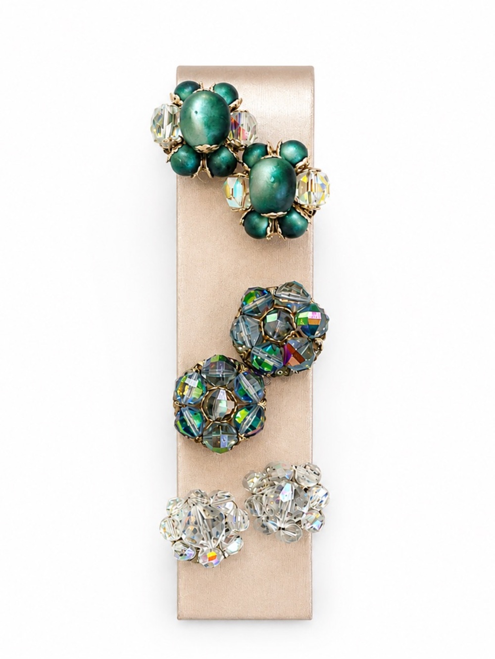 Green and Iridescent Cluster Aurora Borealis Clip-On Earrings Set